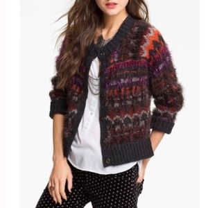 Free People Nordic Parti Eyelash Cardigan Sweater Fair Isle Gray Alpaca